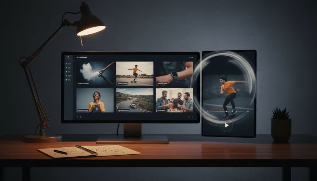 واجهة لوحة قصة رقمية على شاشة كبيرة مع ست لوحات لمشاهد فيديو العلامة، مع انتقال ضبابي إلى تشغيل فيديو على شاشة أصغر مجاورة، على مكتب وكالة إبداعية نظيف مع دفتر ونبات وإضاءة مصباح مكتب درامية.